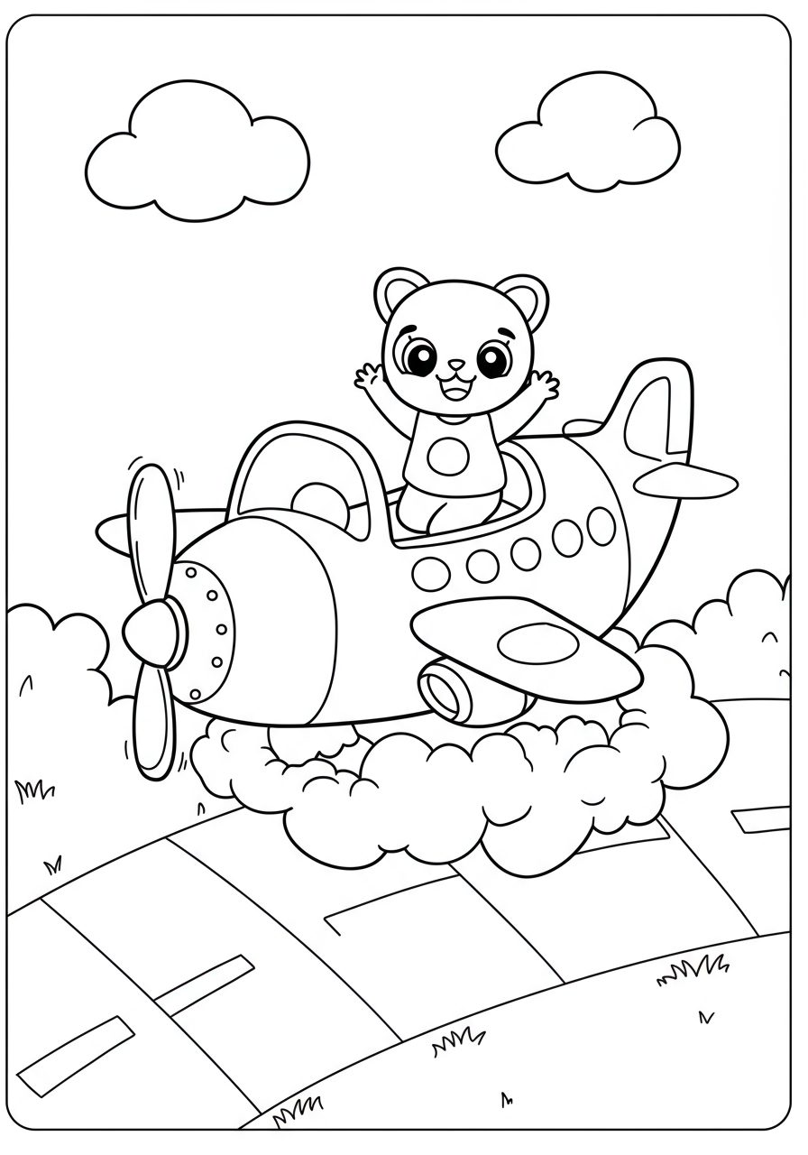 A cute cartoon airplane flying through fluffy clouds, a free printable coloring page for young children.