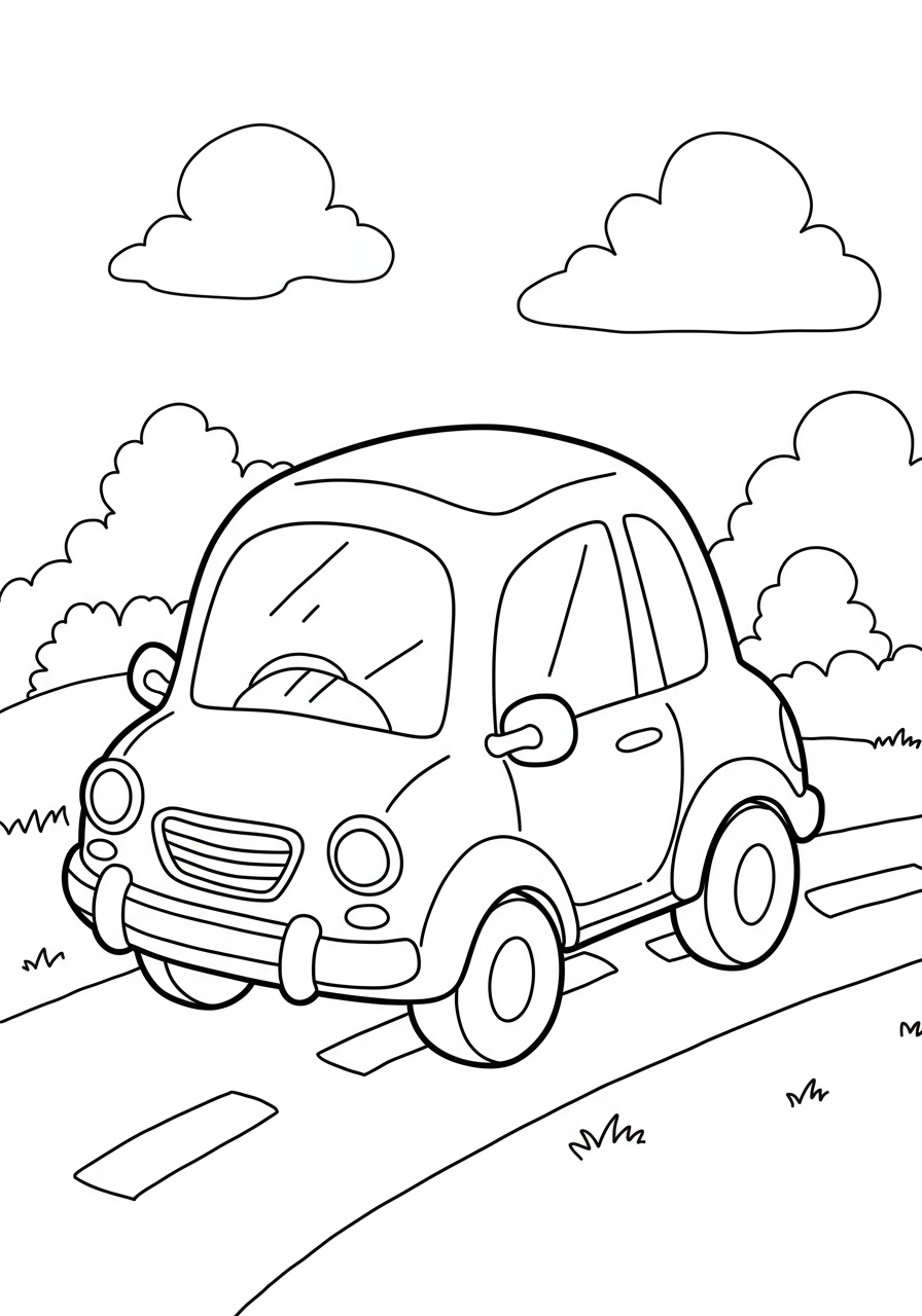 A free printable coloring page featuring a cute, smiling little red car with large wheels and simple outlines, perfect for young children to color.