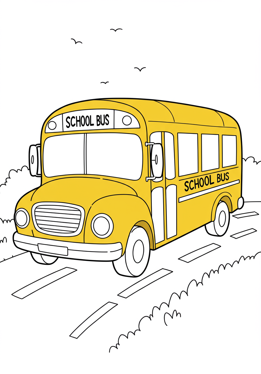 A cute yellow school bus free printable coloring page, with big friendly eyes and simple outlines for kids to color.