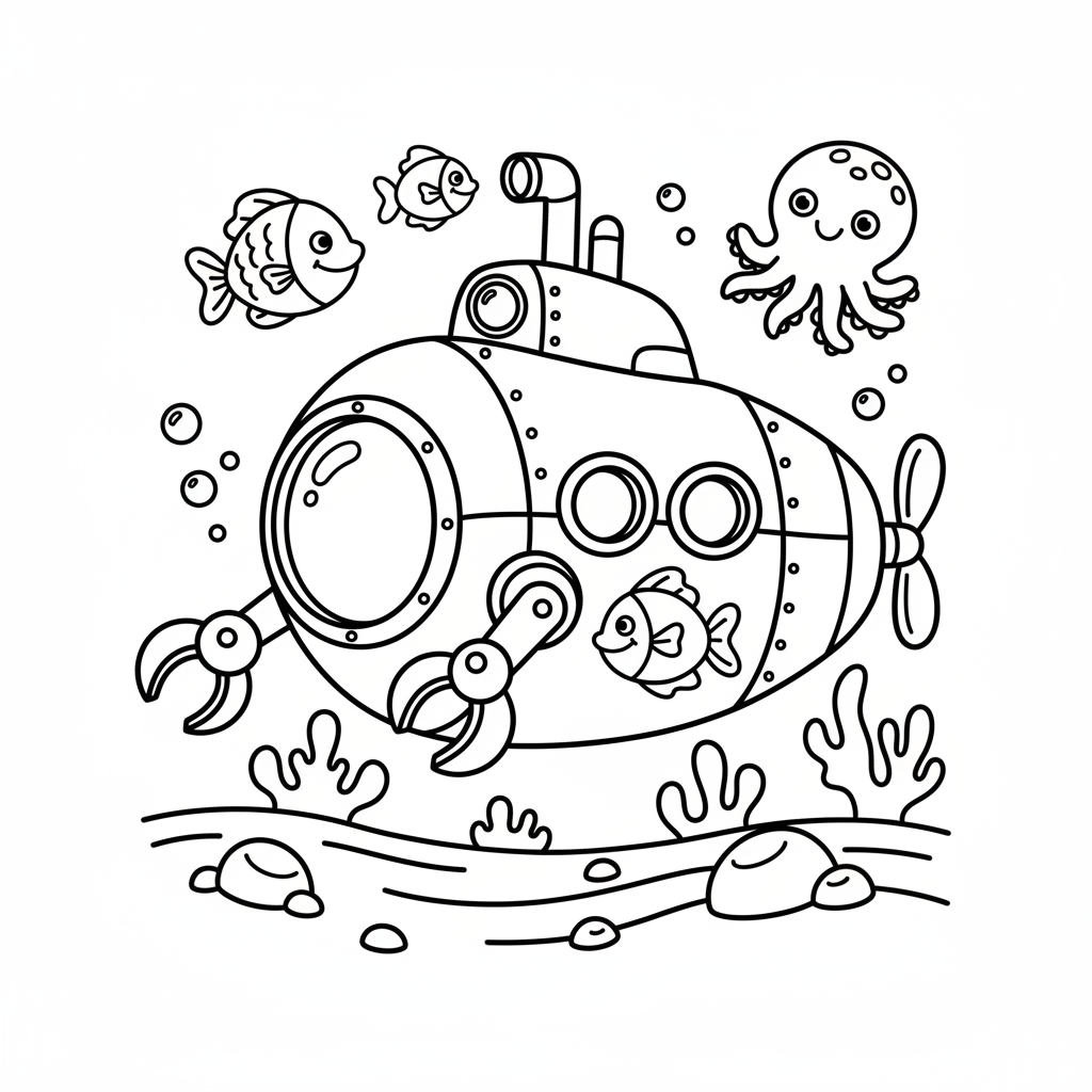 Free printable deep sea submarine exploration coloring page showing a submarine exploring the ocean depths with marine life and coral.