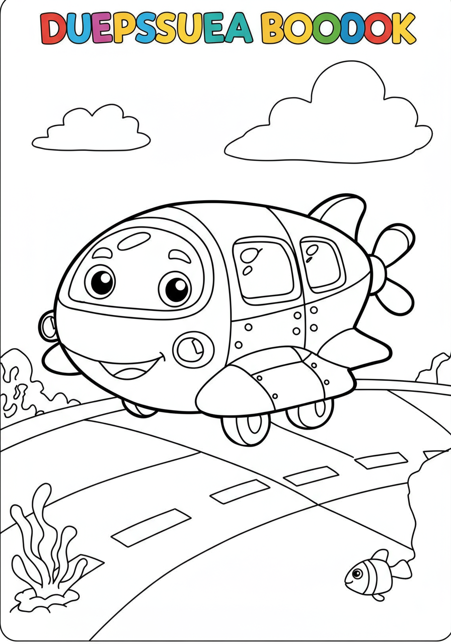A line art illustration of a free printable deep sea submersible coloring page, showing a sturdy submarine with windows and lights, ready to explore the ocean depths, with a few small fish.