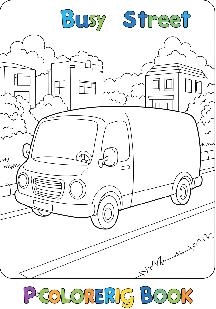 A free printable coloring page showing a friendly delivery van driving down a busy city street with buildings and other cars in the background, designed for easy coloring for kids.