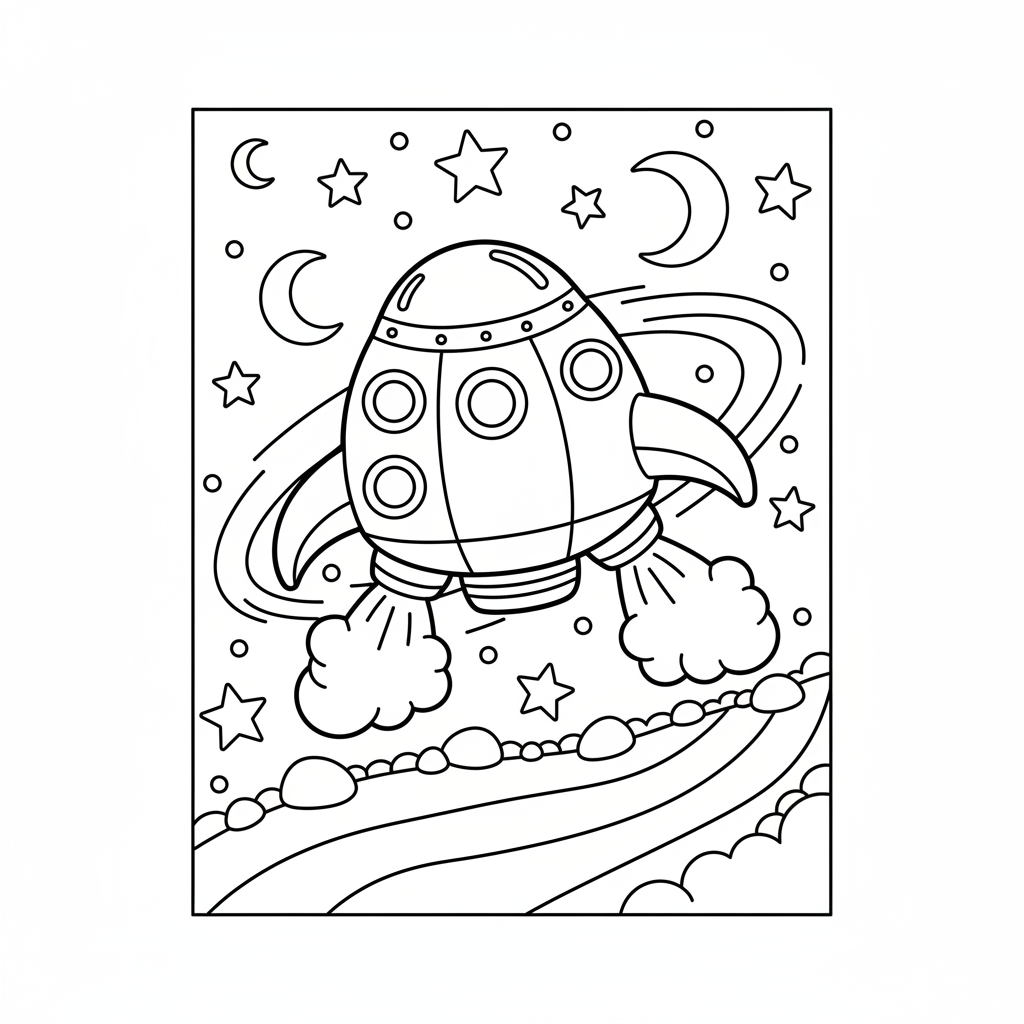 Free printable coloring page featuring a whimsical doodle spaceship flying through a starry night sky with planets and stars.