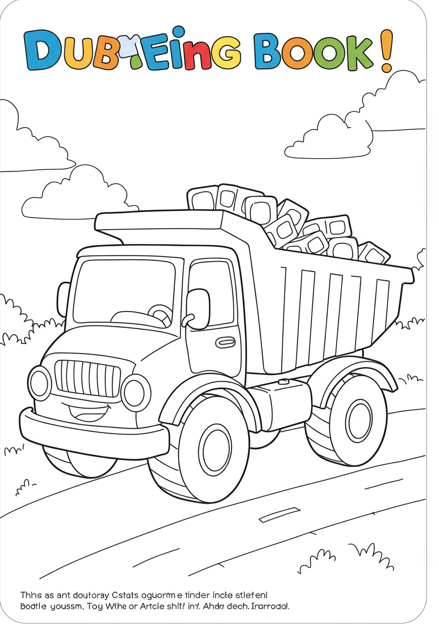 A free printable coloring page featuring a friendly toy dump truck, ready for kids to color with bright crayons and markers.