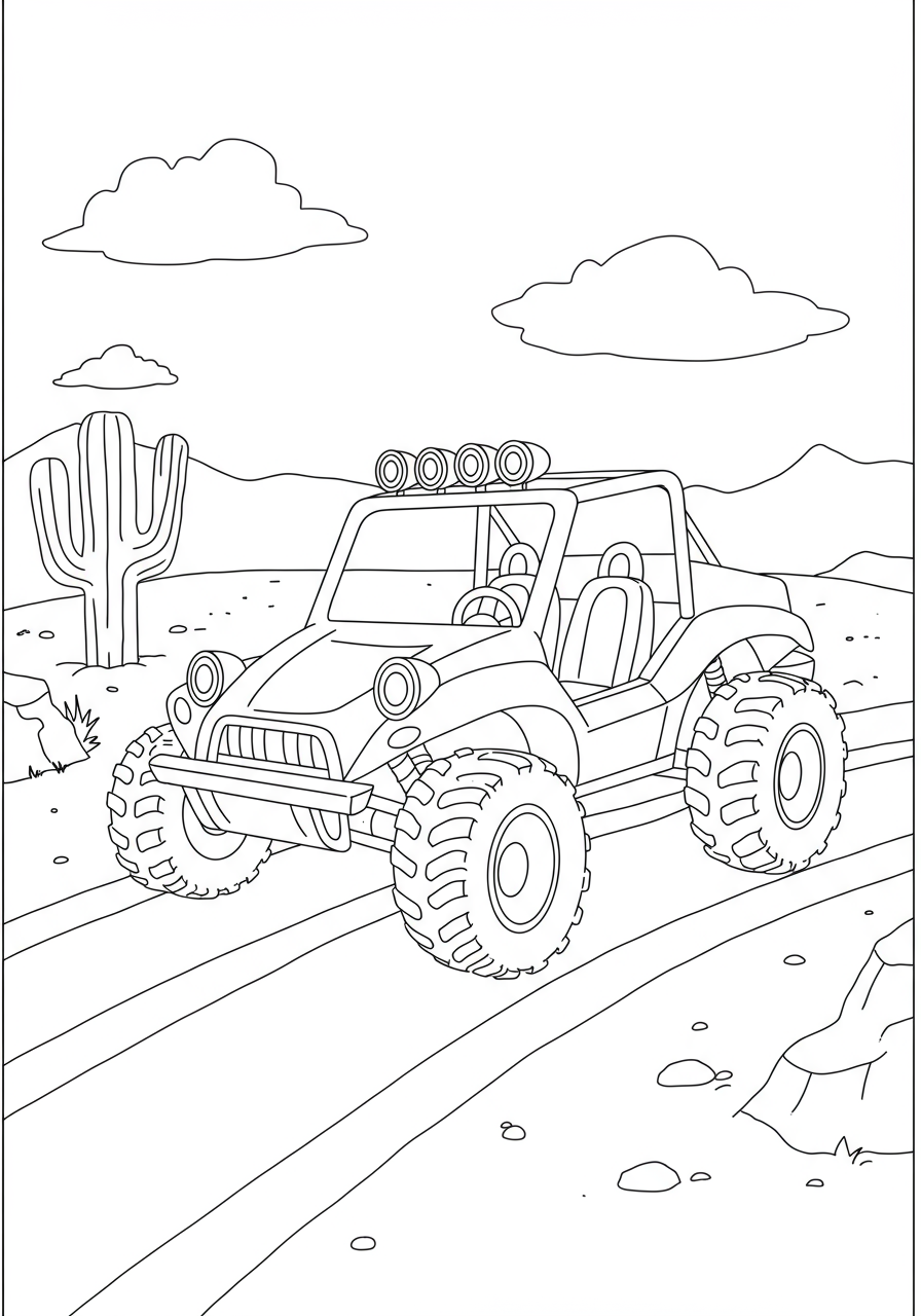 Free printable Dune Buggy Desert Adventure coloring page for kids, showing a cheerful dune buggy driving over sandy hills with cacti under a sunny sky.
