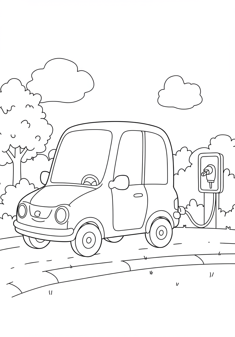 Free printable coloring page for kids depicting a simple electric car plugged into a charging station with clear lines for easy coloring.