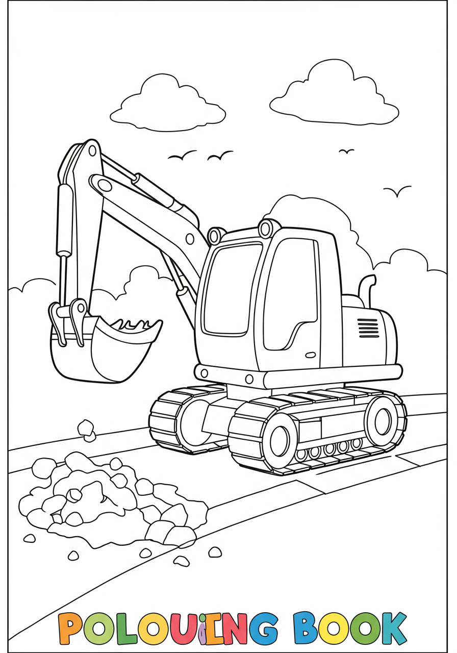 Free printable coloring page featuring a cartoon excavator digging a large hole in the ground, with piles of dirt, designed for kids.