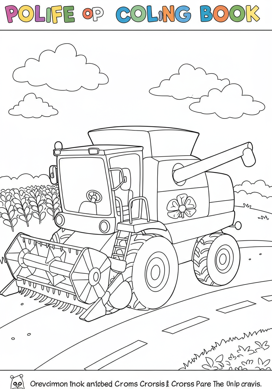 Free printable coloring page featuring a large, detailed farm combine harvester actively cutting and collecting crops in a field, perfect for kids to color.