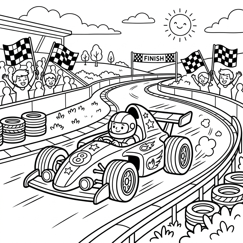 A thrilling free printable coloring page featuring a fast race car zooming around a curvy track with checkered flags, perfect for young vehicle enthusiasts.