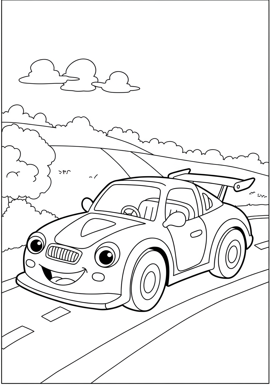 Free printable coloring page featuring a fast red race car with bold lines, zooming forward, perfect for kids.