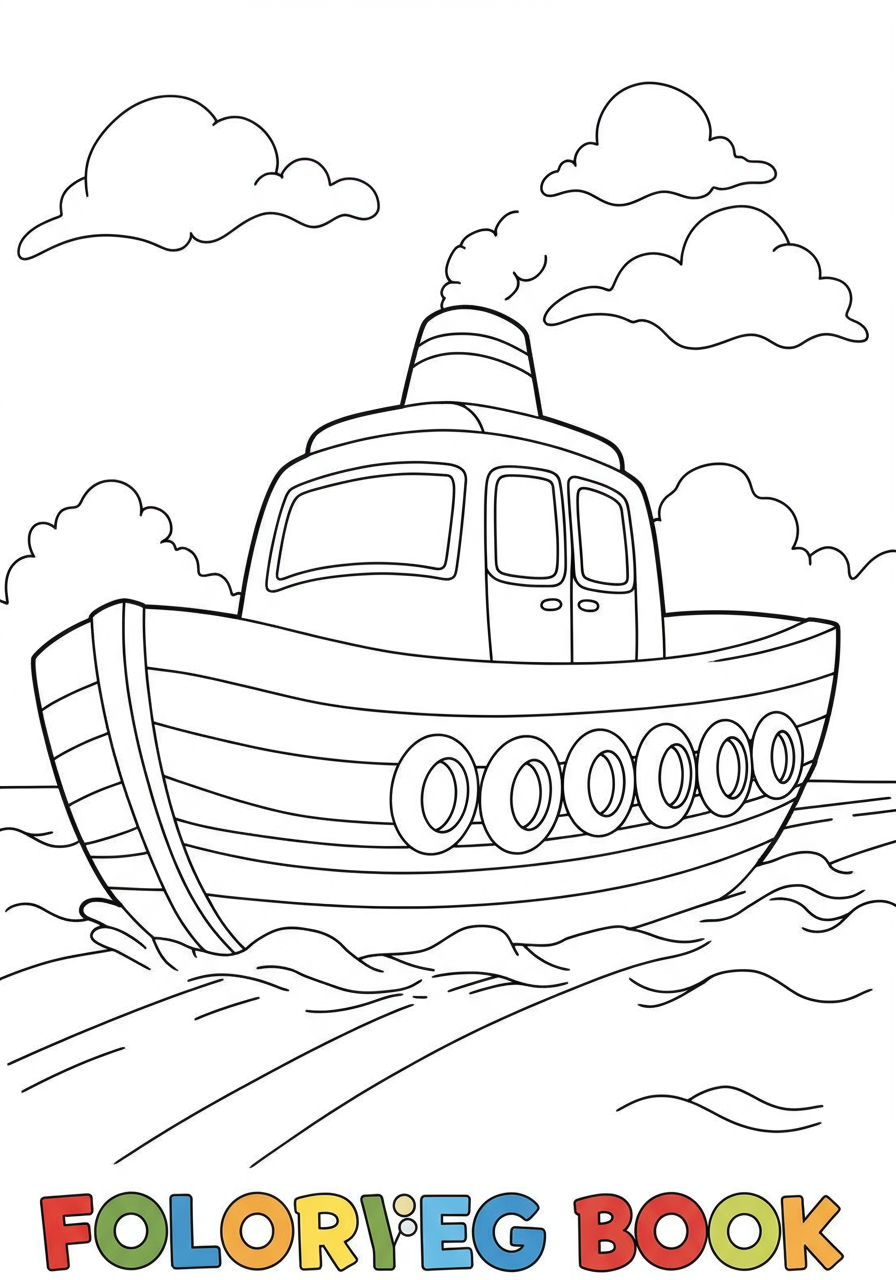 Illustration of a ferry boat crossing water with a simple skyline in the background, a free printable coloring page for kids.