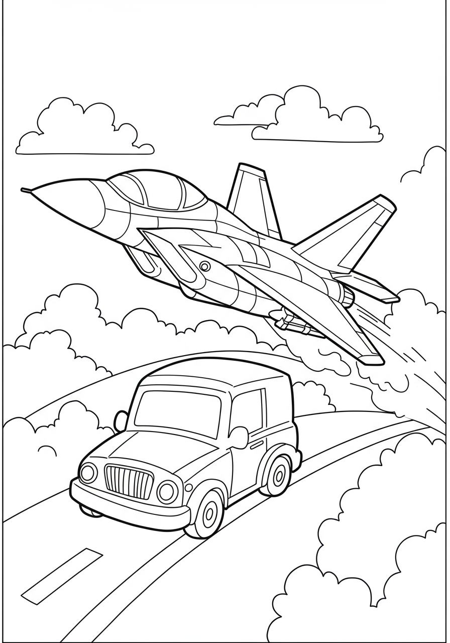 Free printable fighter jet soaring through fluffy clouds coloring page for kids.