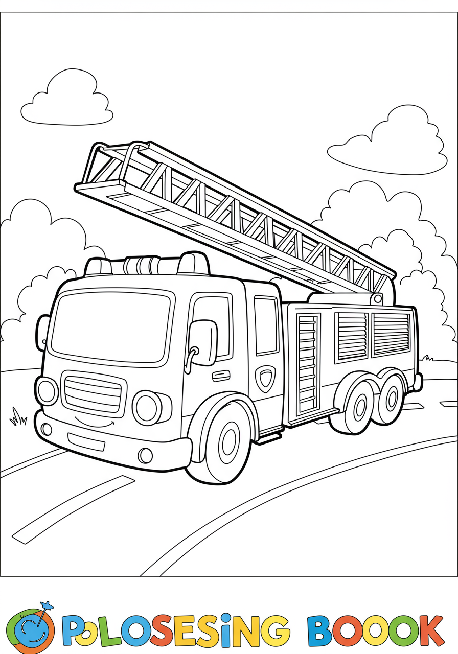 Free printable coloring page featuring a large, detailed fire truck with its rescue ladder fully extended, ready for action. Ideal for kids learning about vehicles.