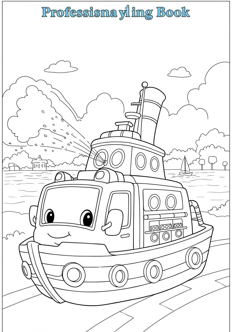 A free printable coloring page depicting a fireboat with water cannons actively spraying powerful streams of water into a harbor, surrounded by other boats and buildings. Easy difficulty for kids.