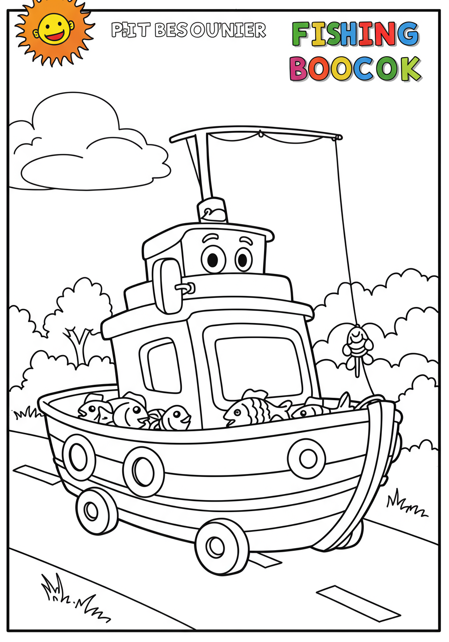 Free printable coloring page featuring a fishing boat with a full catch, sailing on the ocean with fish.