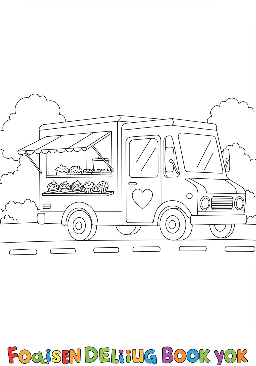 A free printable coloring page featuring a happy food truck selling delicious snacks like ice cream, hot dogs, and tacos, designed for easy coloring by kids.