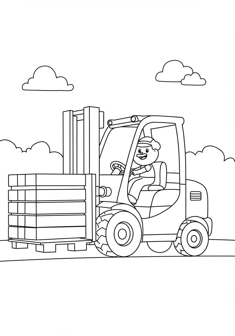 Free printable coloring page featuring a yellow forklift moving wooden pallets with boxes in a warehouse scene, perfect for kids.