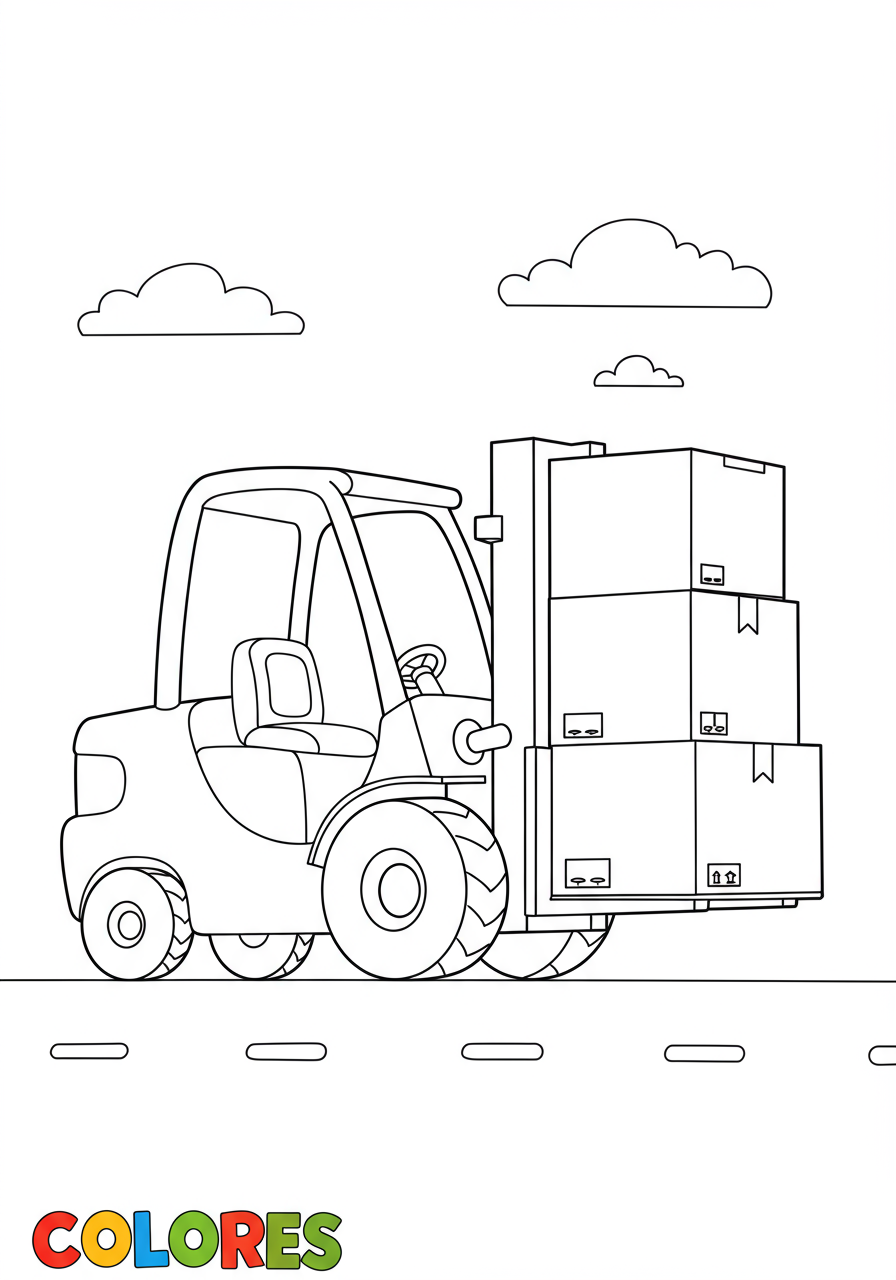 Free printable coloring page featuring a yellow forklift lifting and stacking brown and grey warehouse boxes in a simple warehouse scene, designed for kids.