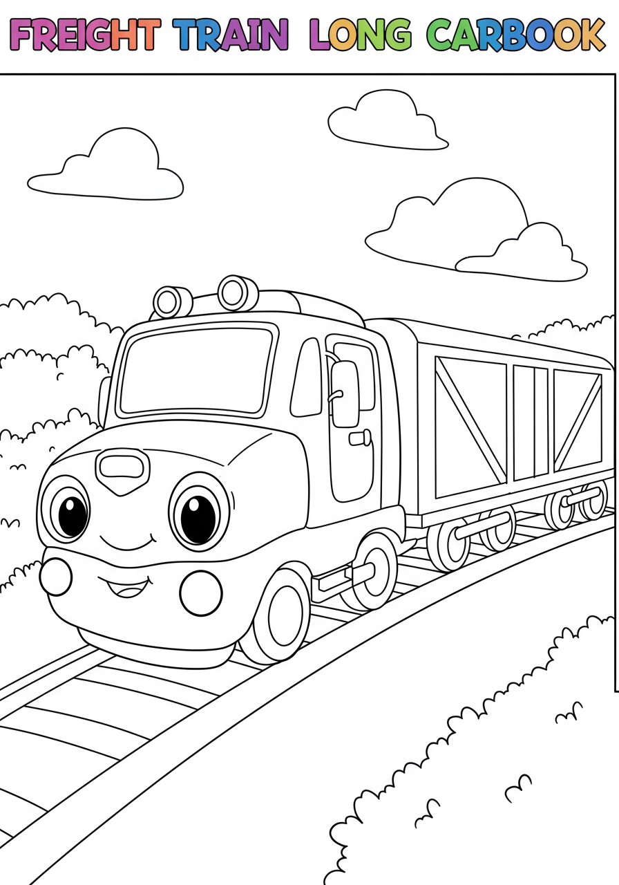 Free printable coloring page featuring a long freight train with multiple cargo cars, suitable for kids.