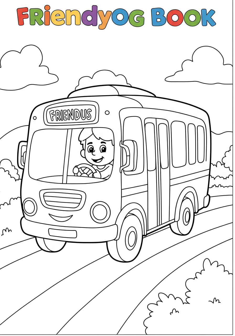 A free printable coloring page featuring a friendly bus driver smiling from the window of a large school bus, designed for kids to color.