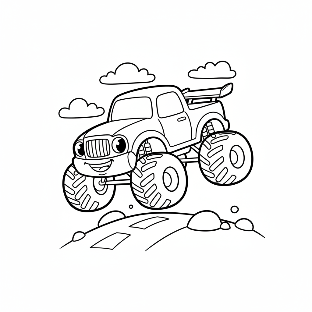 A friendly monster truck with big wheels mid-air, jumping over a dirt ramp, ready to be colored on this free printable coloring page for kids.