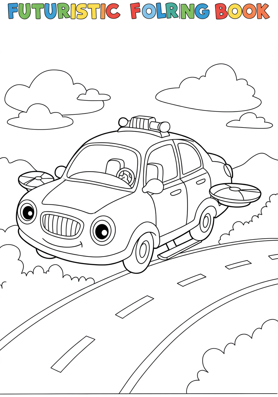 A free printable coloring page featuring an easy-to-color futuristic flying taxi soaring through the sky with simple, bold lines.
