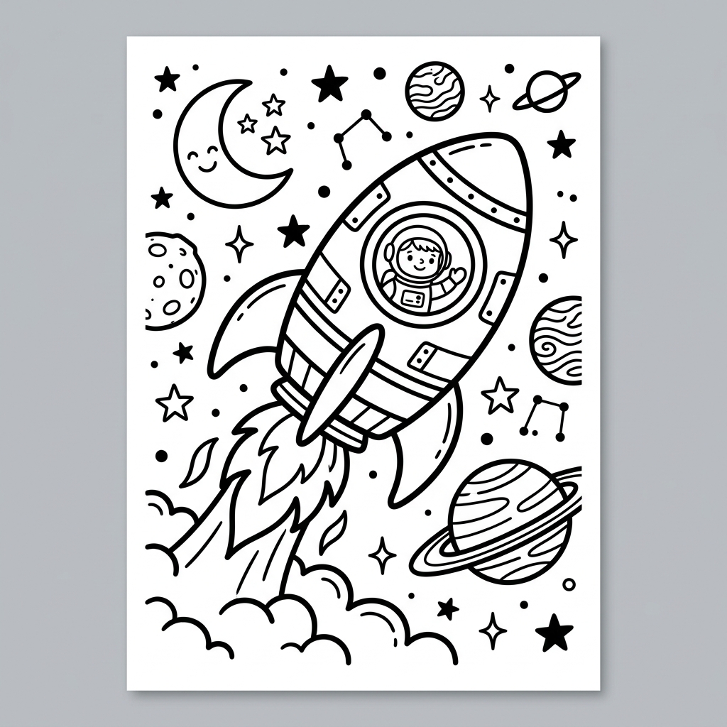 A free printable coloring page showing a sleek, futuristic rocket launching into outer space, with stars, planets, and smoke from the engines, perfect for kids to color.