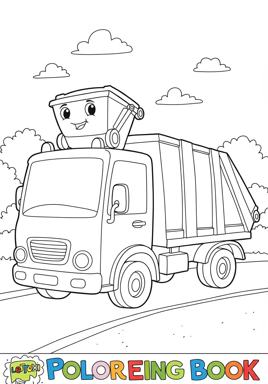 Free printable coloring page featuring a garbage truck with an extended arm, emptying a trash bin into its compactor, perfect for kids learning about vehicles.