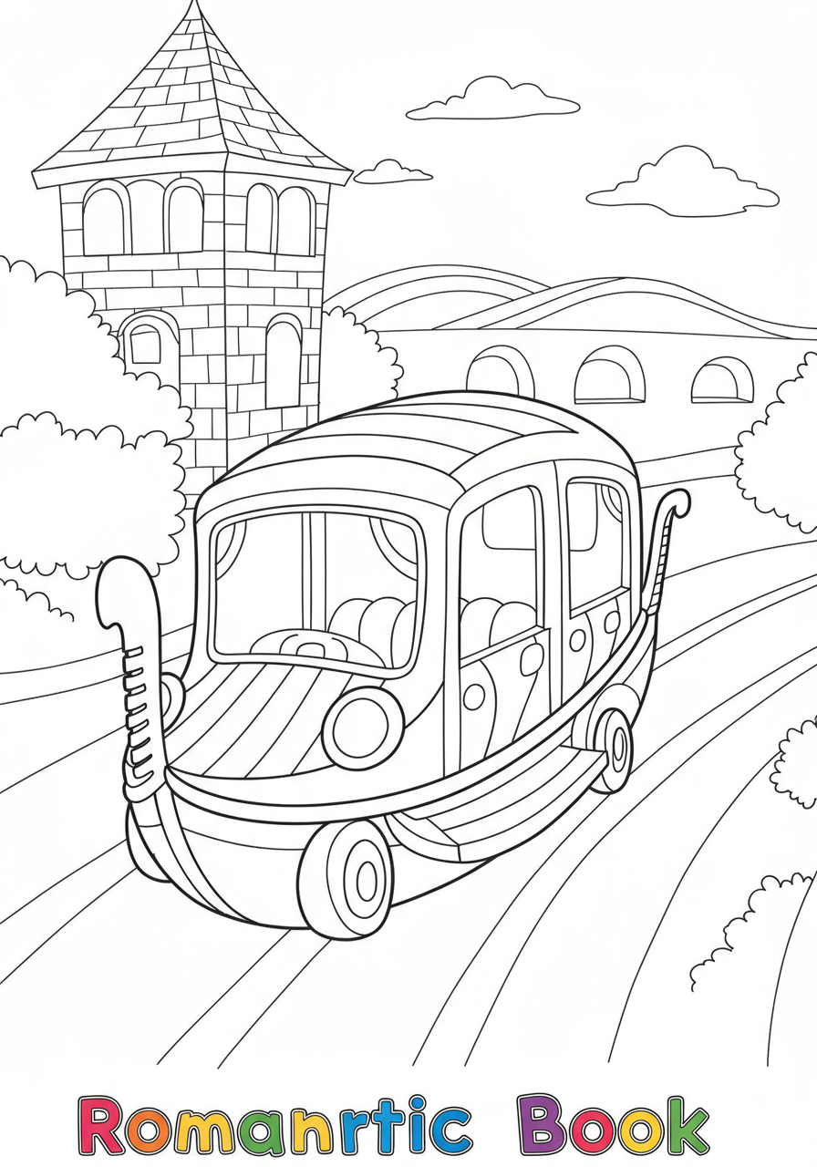 A free printable coloring page depicting an easy-level scene of a gondola on a romantic canal ride in Venice, perfect for young children to color.