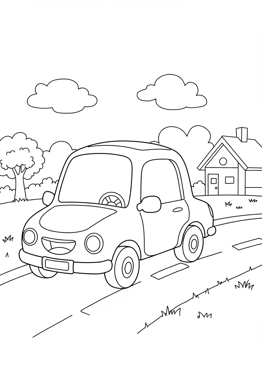 A free printable coloring page showing a happy car with a smiling face driving on a road towards a house, with a sun in the sky. Designed for kids.