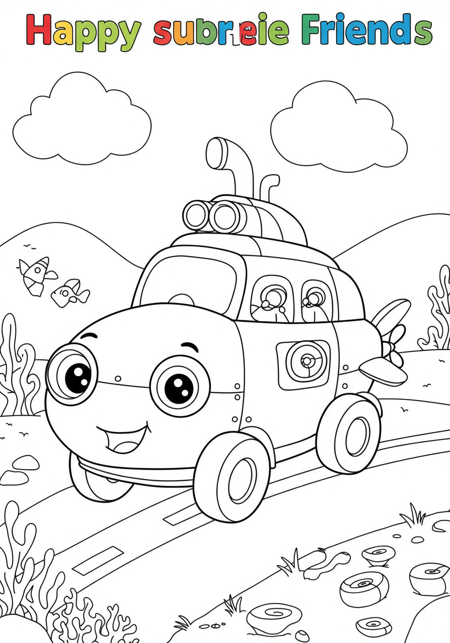 Free printable coloring page depicting a happy yellow submarine surrounded by smiling fish, an octopus, and a crab in a cheerful underwater scene for kids to color.