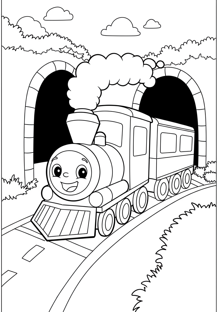 Free printable Happy Train going into a tunnel coloring page for kids, easy vehicle drawing with a smiling train.