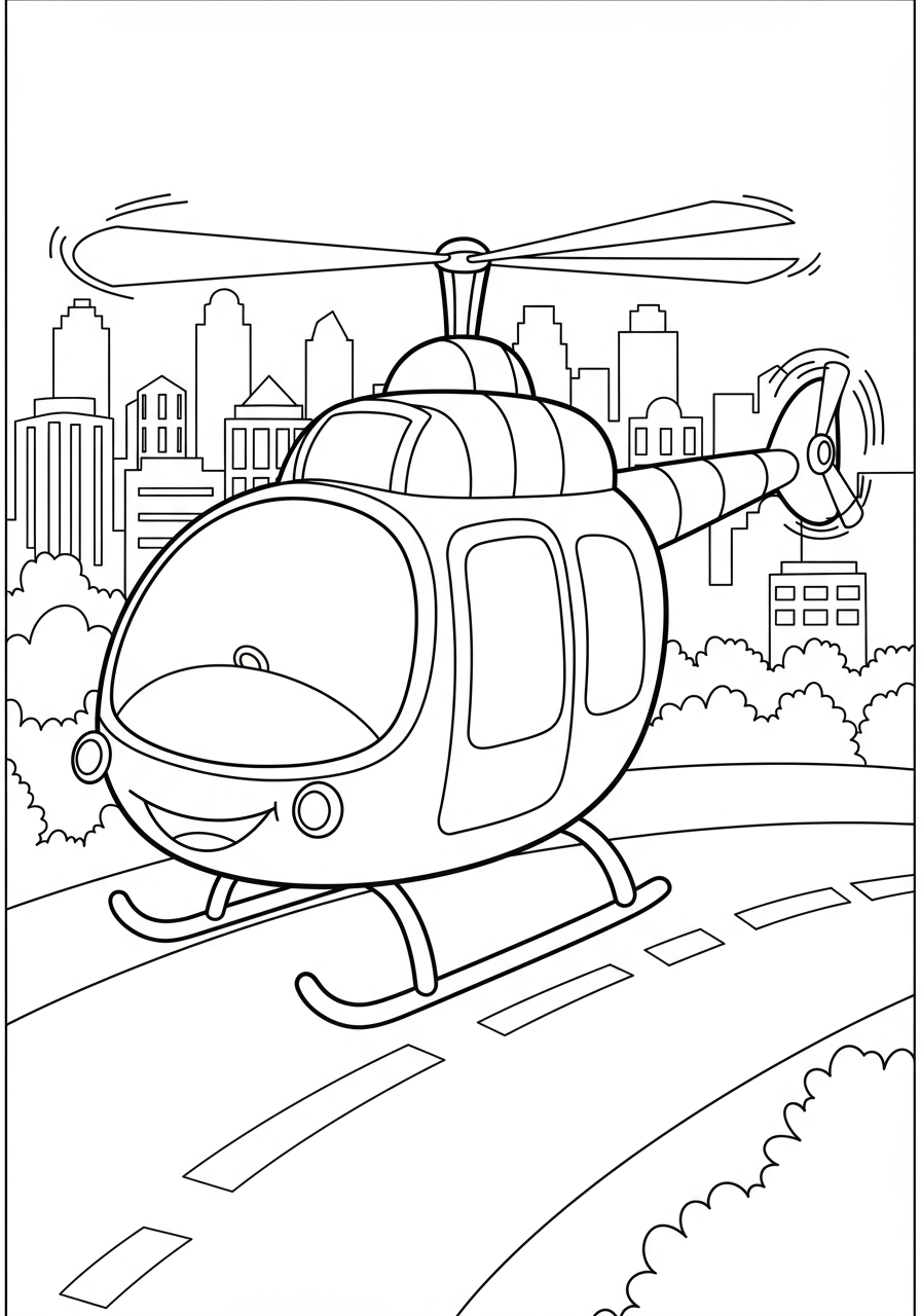 A free printable coloring page featuring an easy-to-color helicopter flying high above a simplified city skyline, perfect for young children.