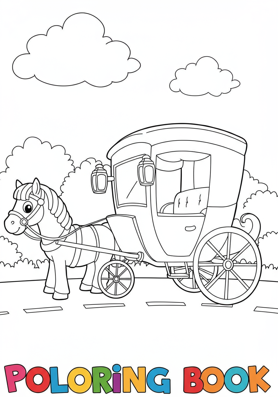 Free printable coloring page featuring a quaint horse-drawn carriage with a gentle horse, perfect for kids to color and enjoy.