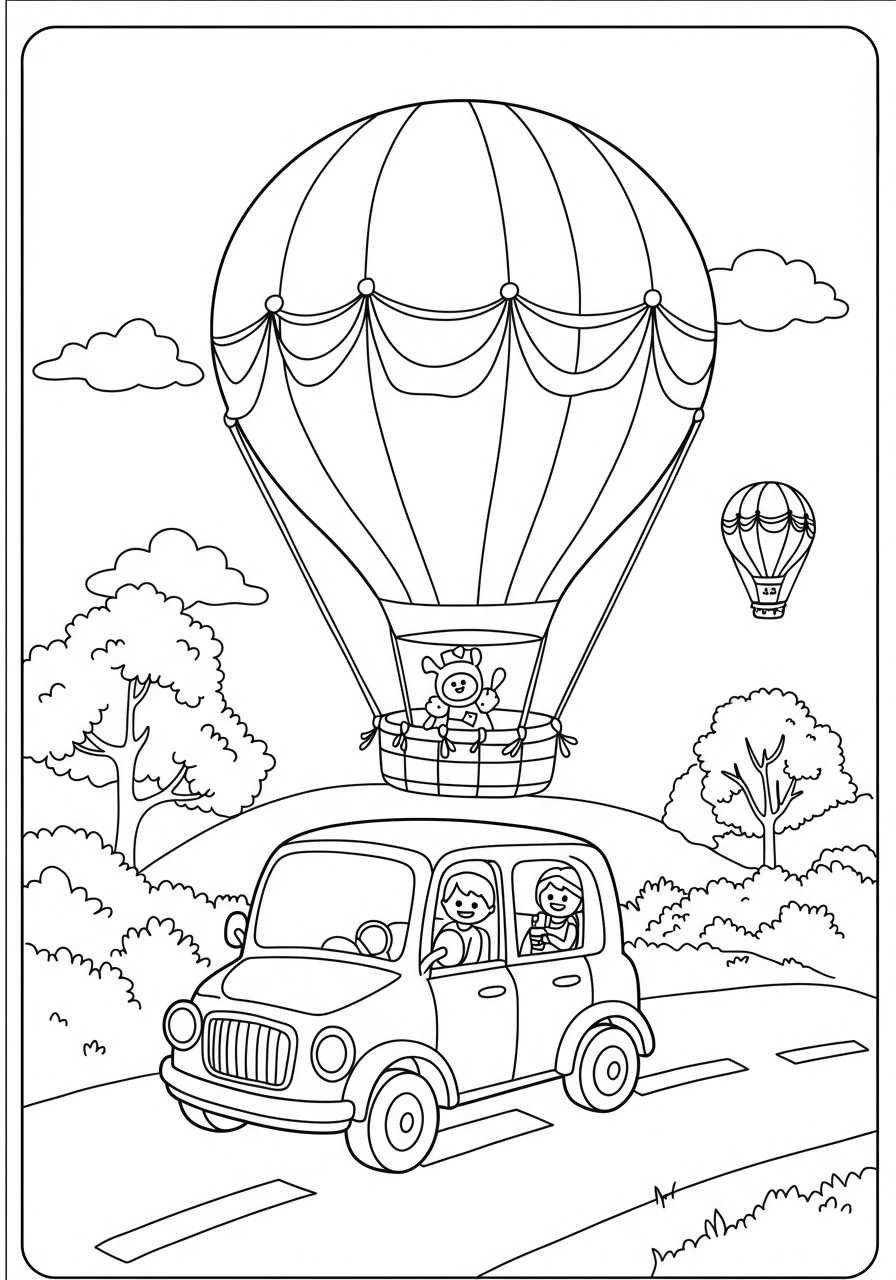 Free printable coloring page featuring a hot air balloon festival scene with several colorful balloons soaring in the sky, people on the ground, and a scenic landscape.