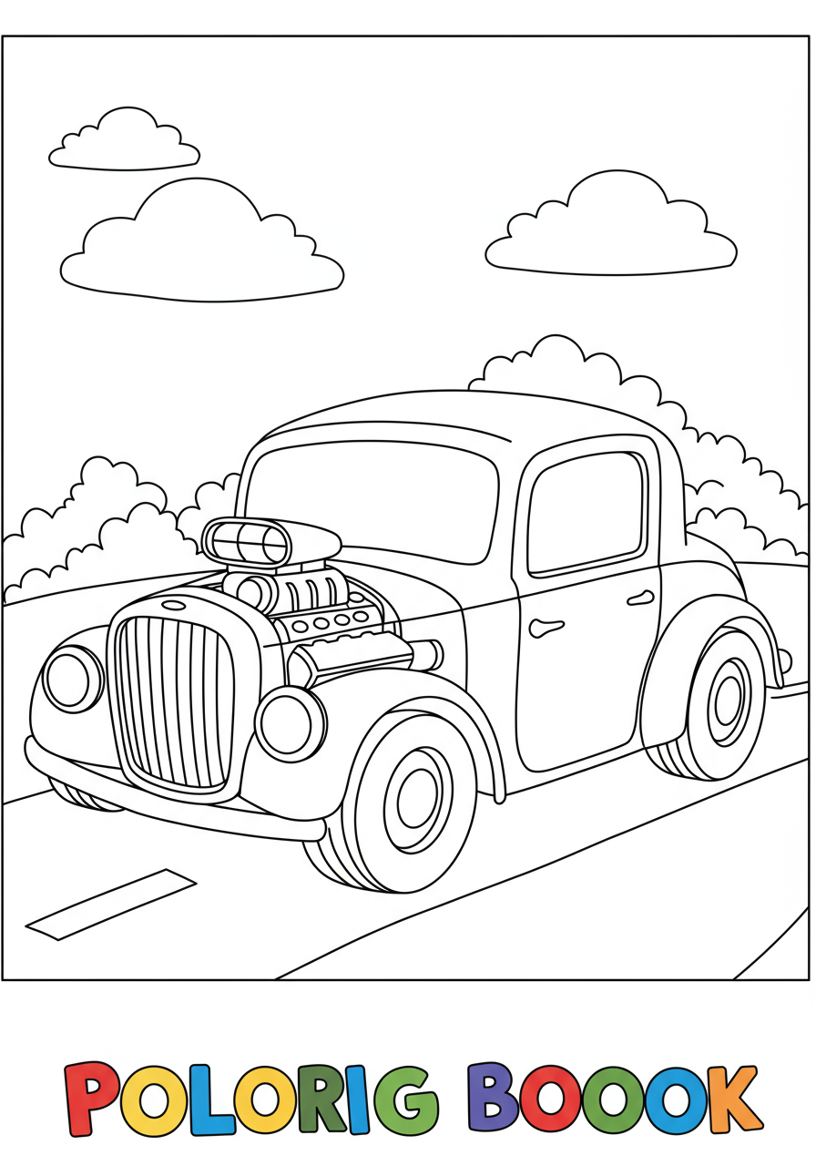Free printable Hot Rod custom car coloring page for children, featuring a classic customized vehicle with large engine details and flames, ready for vibrant colors.