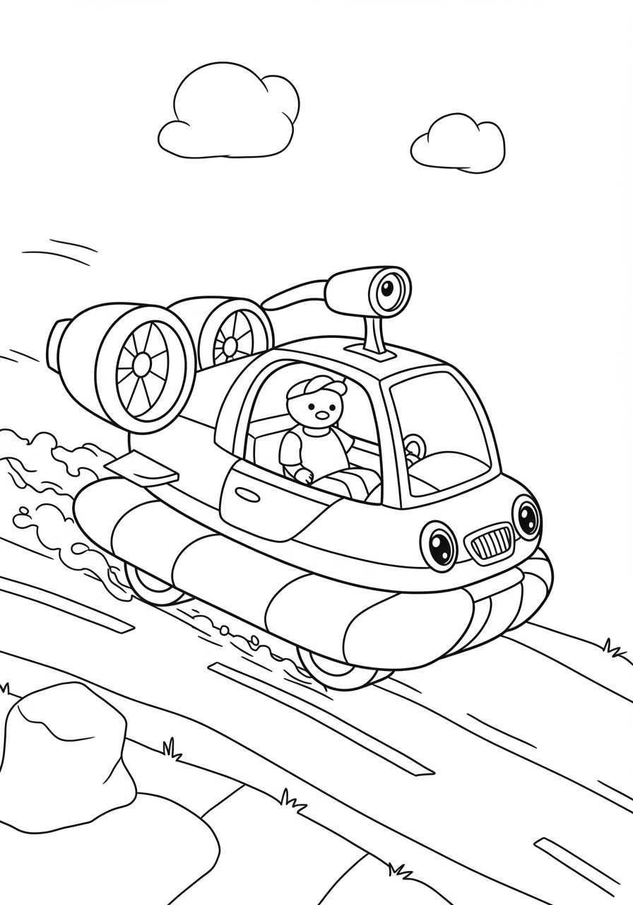 Free printable hovercraft coloring page showing a hovercraft gliding over water with land in the background, designed for easy coloring for kids.