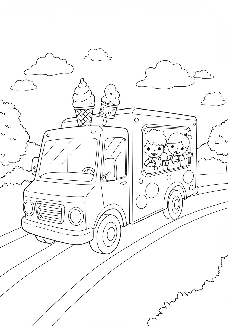 An exciting free printable coloring page depicting children joyfully gathering around a classic ice cream truck, ready for sweet treats.