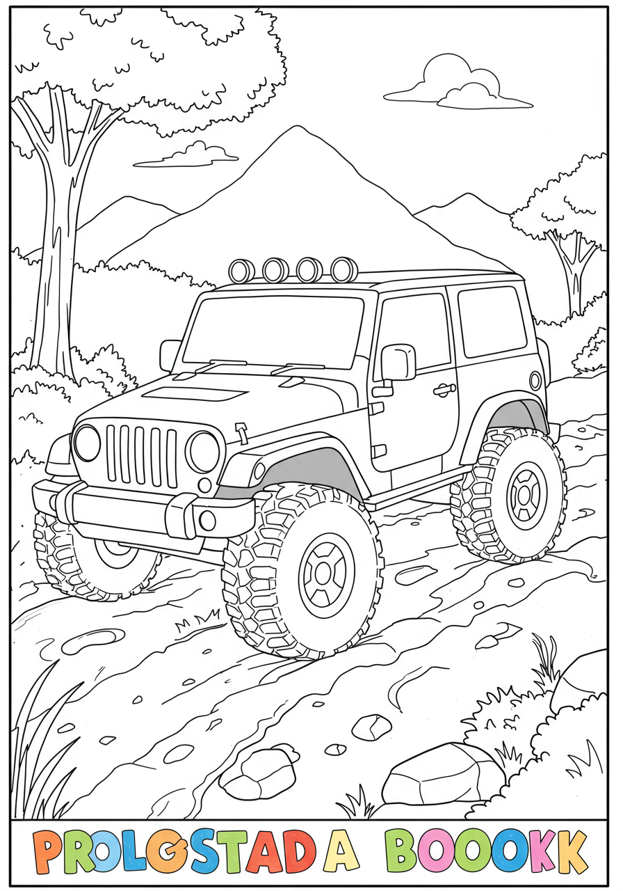 An exciting free printable coloring page featuring a Jeep driving through a muddy off-road trail with splashes and rugged terrain, perfect for adventurous kids.