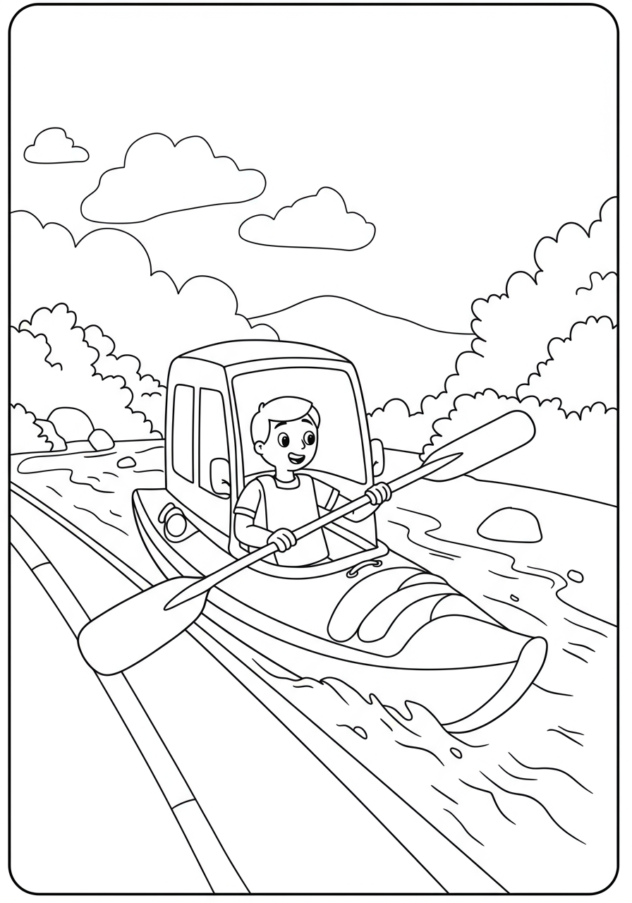 Free printable coloring page featuring a person in a kayak paddling on a tranquil river with green trees, hills, and clouds in the background, designed for kids.