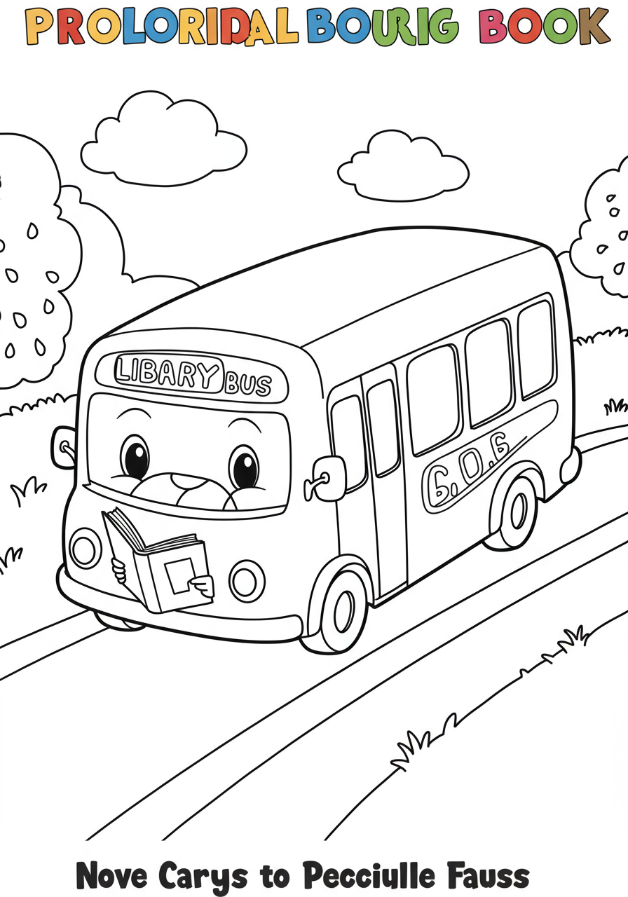 A cheerful, free printable Library Bus Reading Fun coloring page showing a mobile library bus with children happily reading books inside and outside, perfect for young artists.