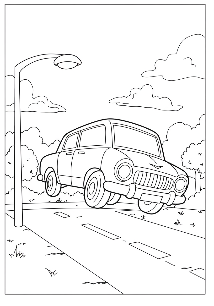 A free printable Lowrider Bouncing Street Scene coloring page showing a custom car mid-bounce in an easy-to-color style for kids.
