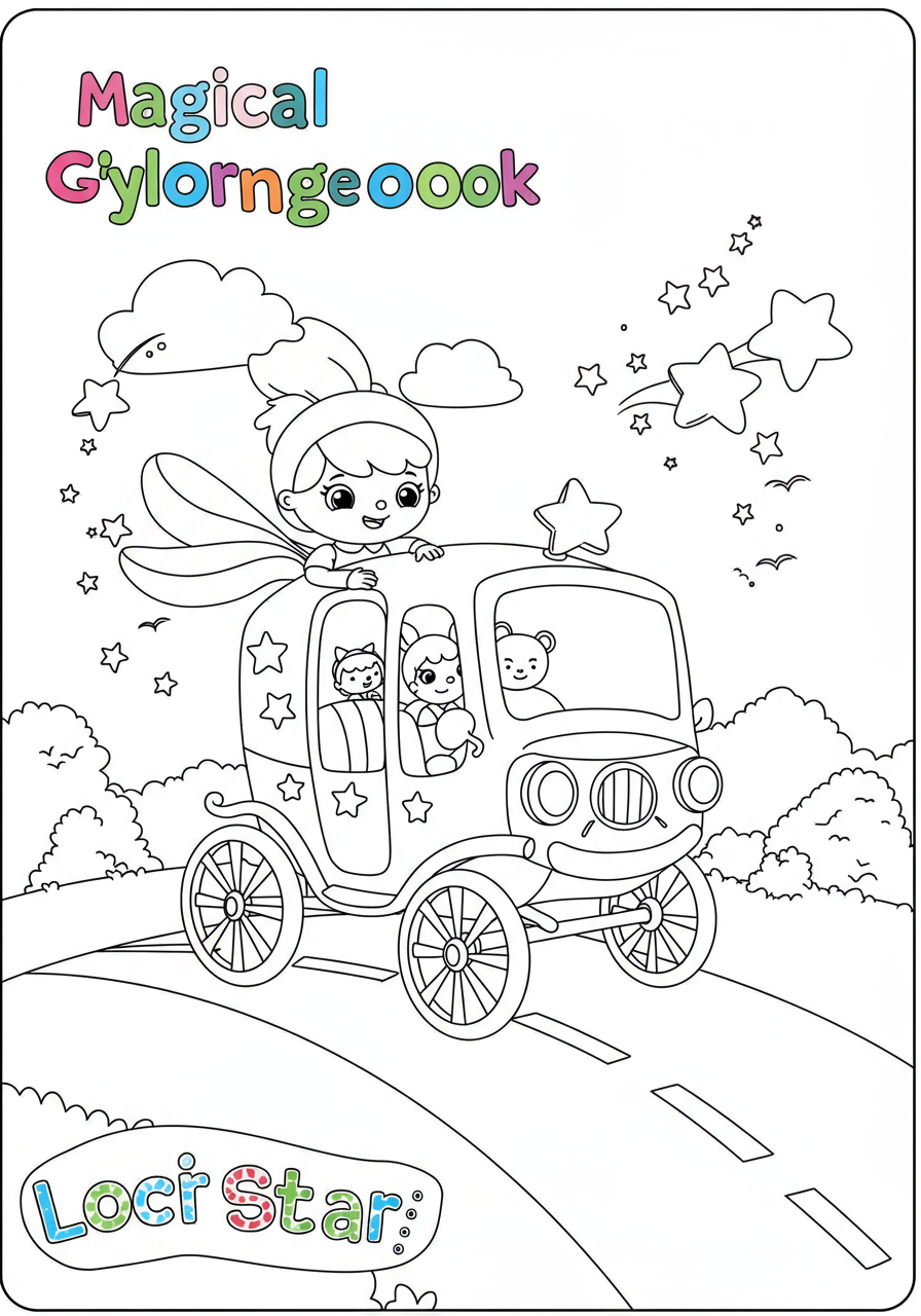 Free printable coloring page featuring a magical flying carriage adorned with stars, floating through a night sky, designed for easy coloring by kids.