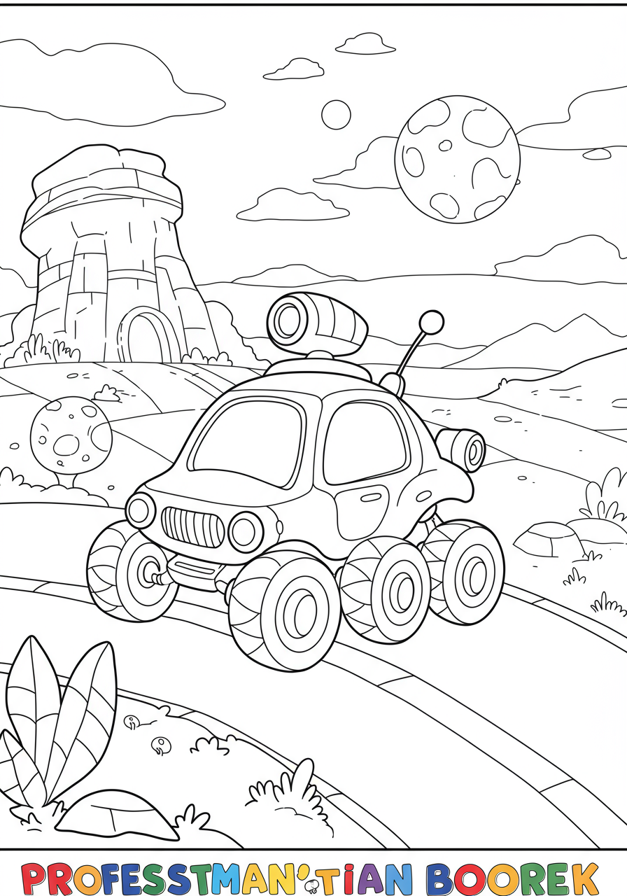 Free printable coloring page featuring a Martian rover exploring a red alien landscape with rocky terrain and a distant planet in the sky.