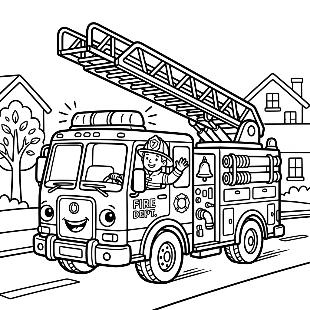 A free printable coloring page featuring a mighty fire truck with a large, loud siren blaring, ready to rescue, designed for easy coloring by kids.