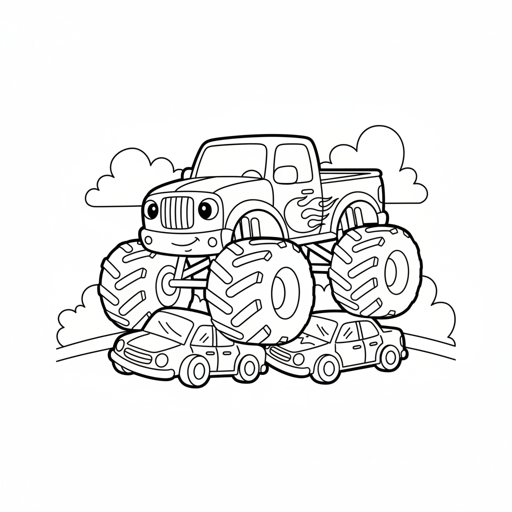 Free printable monster truck crushing cars coloring page for kids, featuring a powerful truck with huge tires on top of flattened vehicles, perfect for young artists.