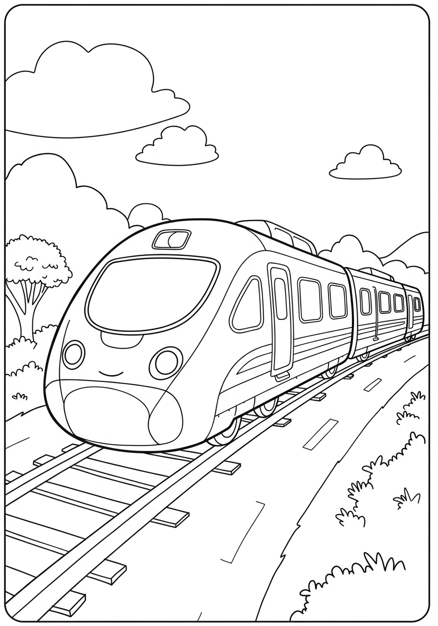 Free printable coloring page featuring a modern, sleek high-speed train on a track, perfect for kids to color with big areas.