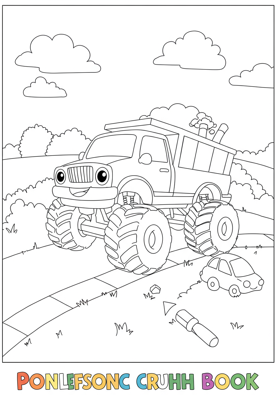 A free printable coloring page showing a huge monster truck with massive tires crushing small cars, perfect for kids.