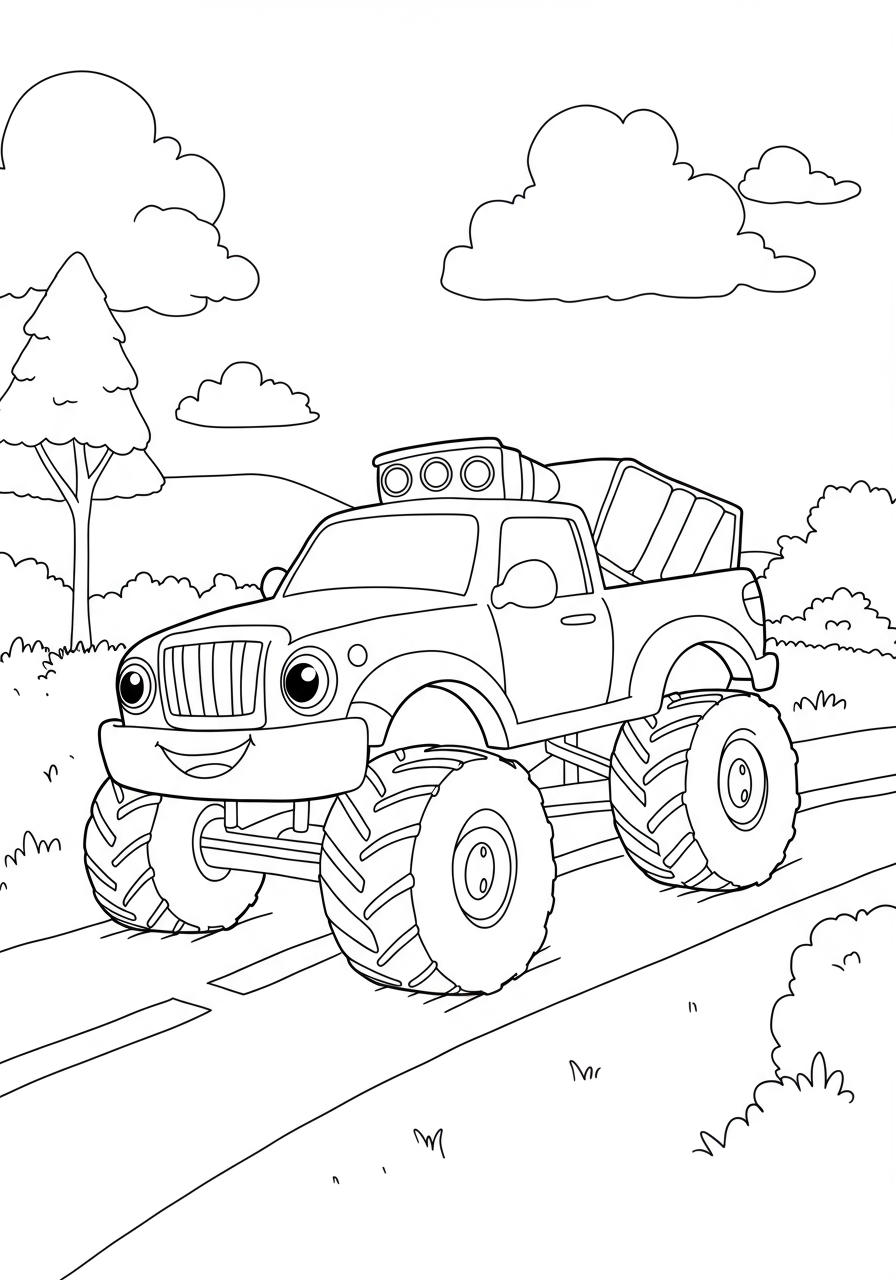 Illustration of a monster truck with huge tires smashing two smaller cars, designed as a free printable coloring page for kids.