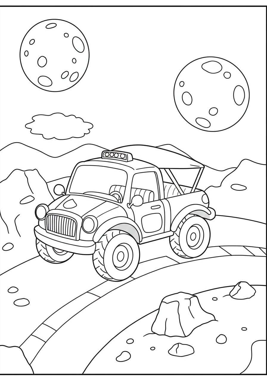 Free printable coloring page depicting a moon buggy exploring craters on the lunar surface, designed for kids to color.